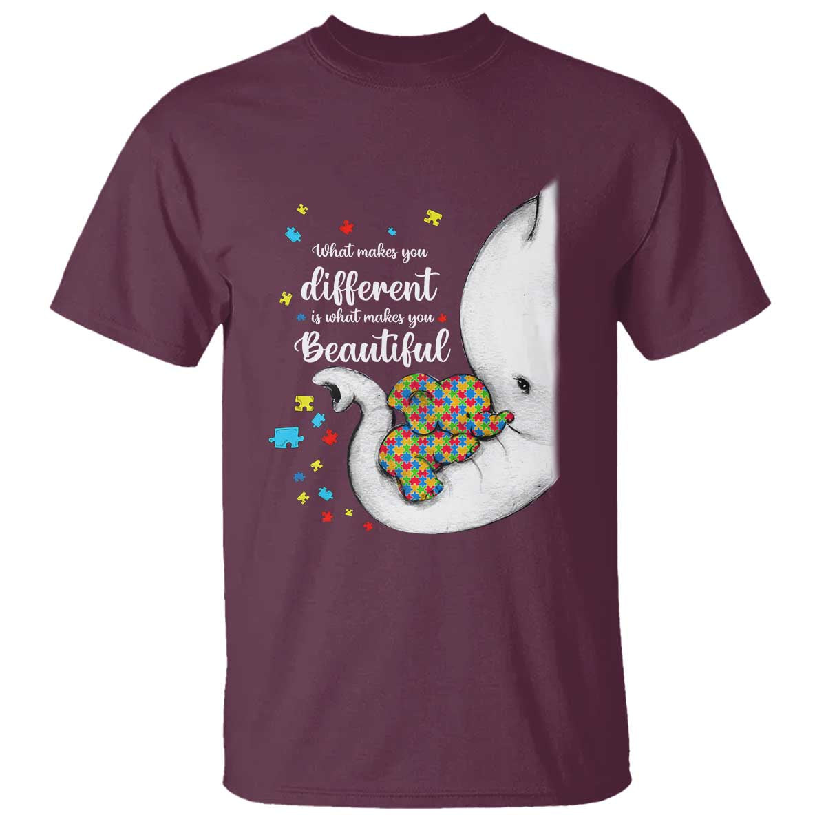 Elephant Autism T Shirt What Makes You Different Is What Makes You Beautiful Puzzle Pieces TS01 Maroon Printyourwear
