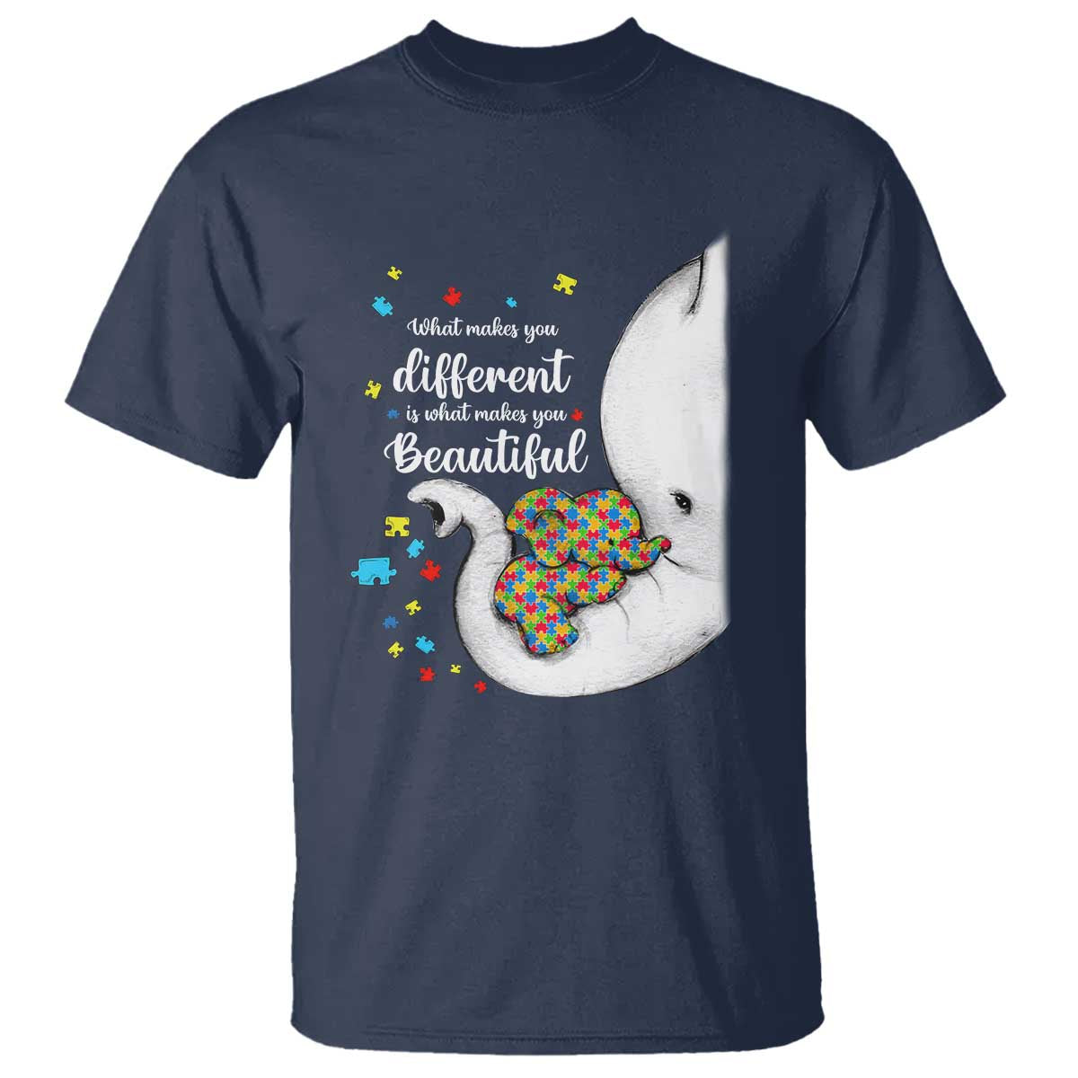 Elephant Autism T Shirt What Makes You Different Is What Makes You Beautiful Puzzle Pieces TS01 Navy Printyourwear