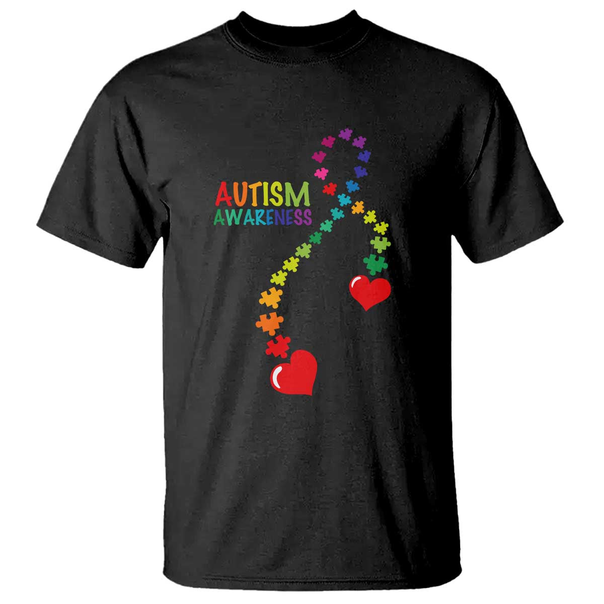 Heart Autism Awareness T Shirt Puzzle Heart Ribbon Support Accept TS01 Black Printyourwear