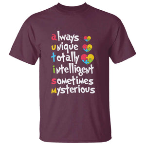 Autism Definition T Shirt Always Unique Totally Intelligent Sometimes Mysterious Puzzle Heart TS01 Maroon Printyourwear