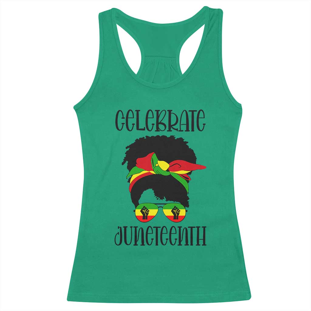 Black Women Racerback Tank Top Celebrate Juneteenth Messy Bun TS01 Irish Green Print Your Wear