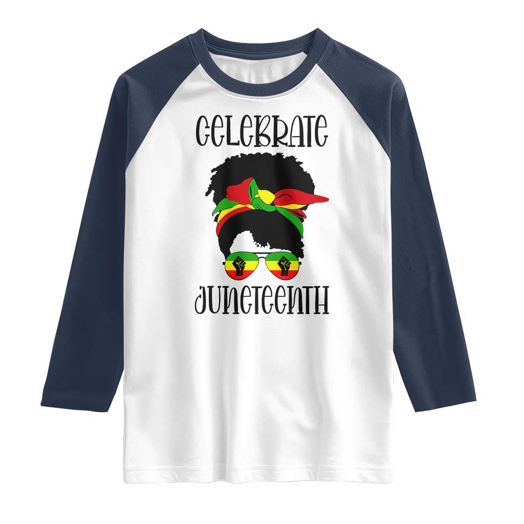 Black Women Raglan Shirt Celebrate Juneteenth Messy Bun TS01 White Navy Print Your Wear