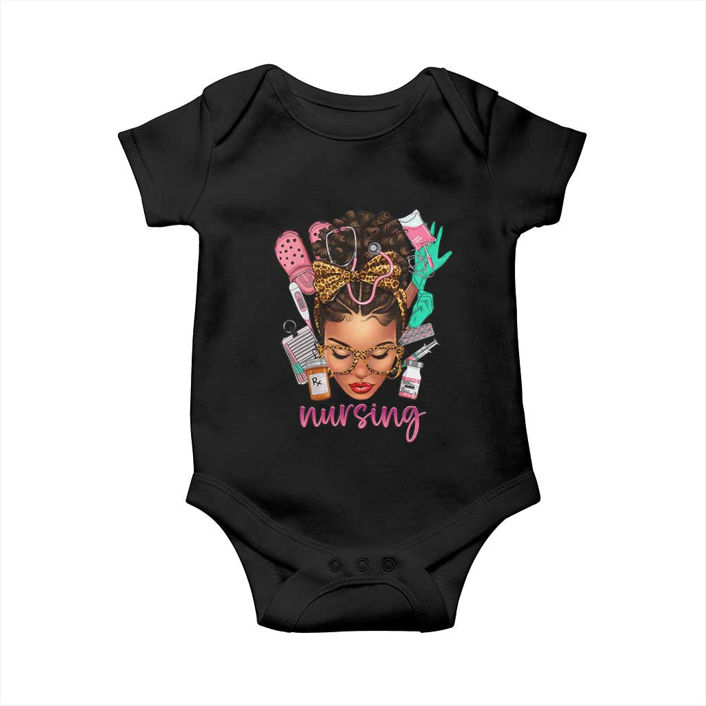 African American Nurse Baby Onesie Nursing Black Messy Bun TS01 Black Print Your Wear