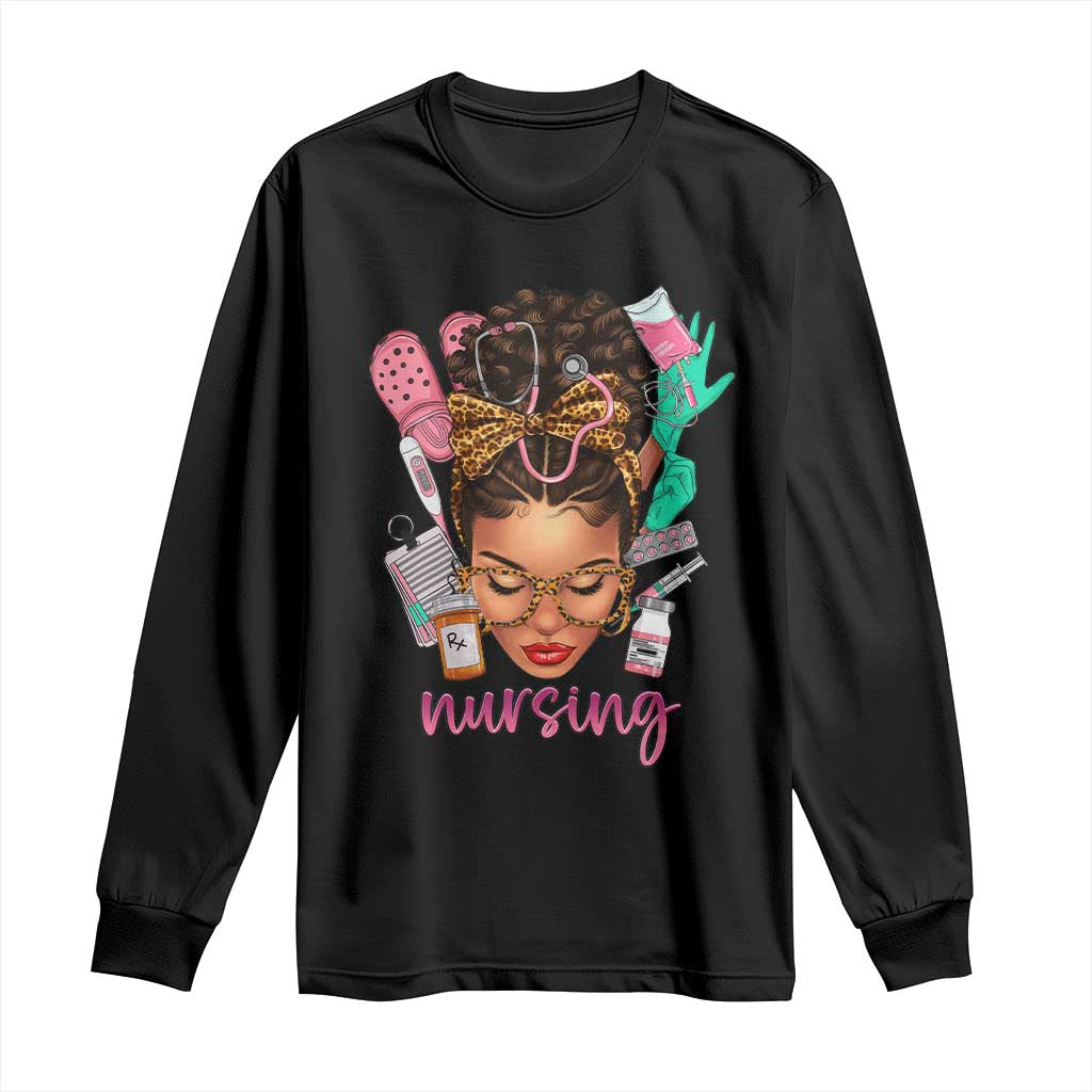 African American Nurse Long Sleeve Shirt Nursing Black Messy Bun TS01 Black Print Your Wear