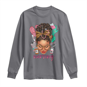 African American Nurse Long Sleeve Shirt Nursing Black Messy Bun TS01 Charcoal Print Your Wear