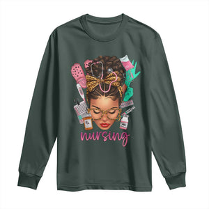 African American Nurse Long Sleeve Shirt Nursing Black Messy Bun TS01 Dark Forest Green Print Your Wear