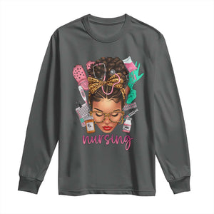 African American Nurse Long Sleeve Shirt Nursing Black Messy Bun TS01 Dark Heather Print Your Wear