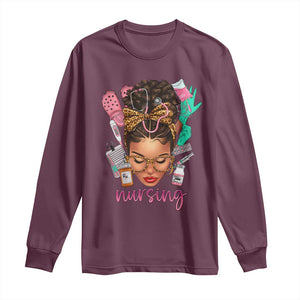 African American Nurse Long Sleeve Shirt Nursing Black Messy Bun TS01 Maroon Print Your Wear