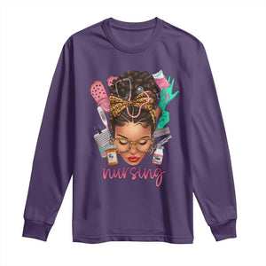 African American Nurse Long Sleeve Shirt Nursing Black Messy Bun TS01 Purple Print Your Wear