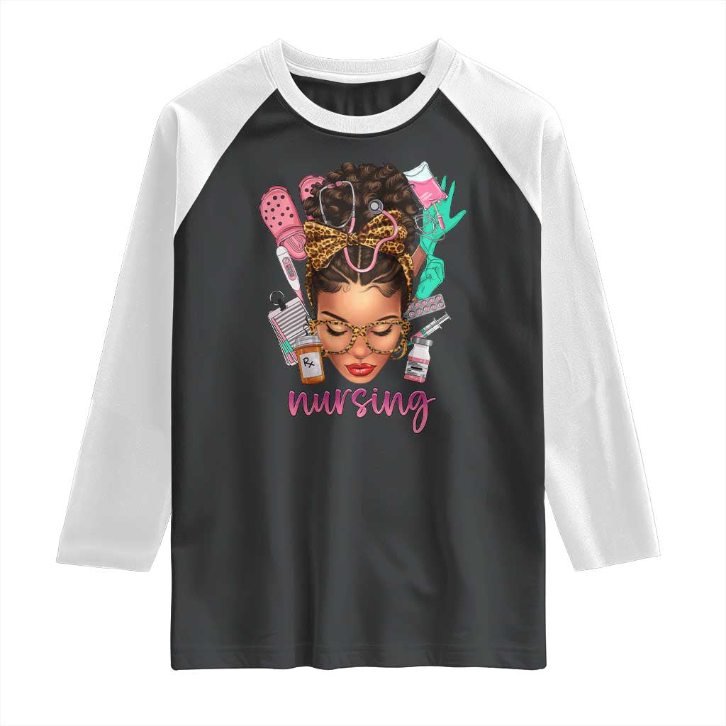 African American Nurse Raglan Shirt Nursing Black Messy Bun TS01 Black White Print Your Wear