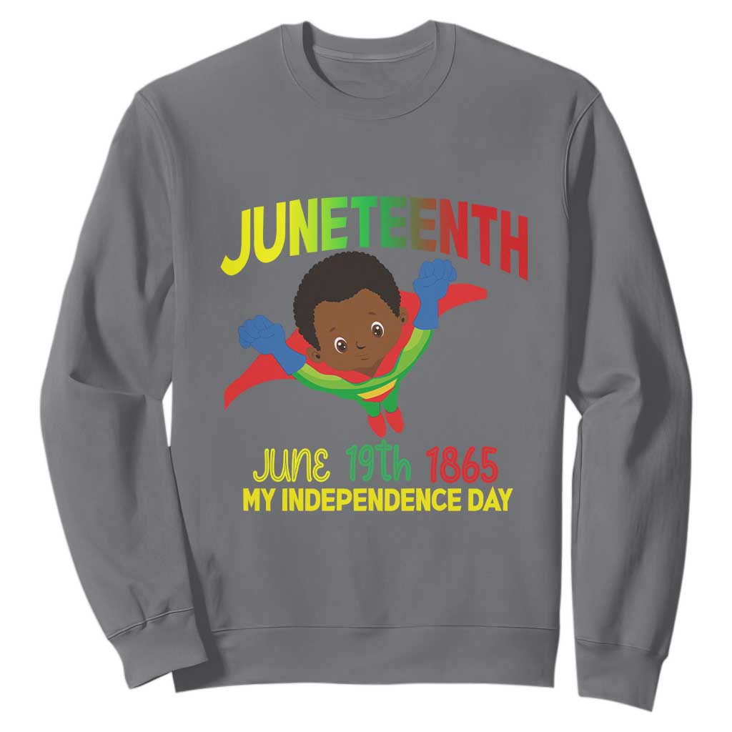 Happy Juneteenth Is My Independence Day Sweatshirt Super Hero Black Boy TS01 Charcoal Printyourwear