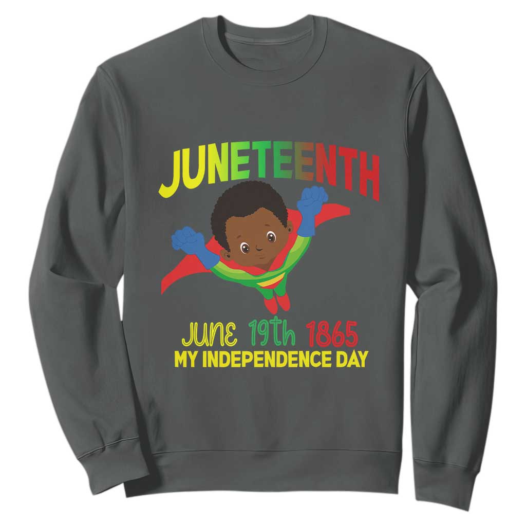 Happy Juneteenth Is My Independence Day Sweatshirt Super Hero Black Boy TS01 Dark Heather Printyourwear