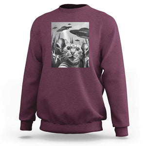 Funny Cat Selfie with UFOs Peace Sign Alien Cat UFO Invasion Sweatshirt TS01 Maroon Print Your Wear