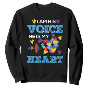 Autism Parents Sweatshirt I Am His Voice He Is My Heart Puzzle Heart TS01 Black Printyourwear