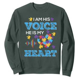 Autism Parents Sweatshirt I Am His Voice He Is My Heart Puzzle Heart TS01 Dark Forest Green Printyourwear