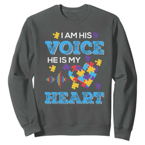 Autism Parents Sweatshirt I Am His Voice He Is My Heart Puzzle Heart TS01 Dark Heather Printyourwear
