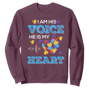 Autism Parents Sweatshirt I Am His Voice He Is My Heart Puzzle Heart TS01 Maroon Printyourwear