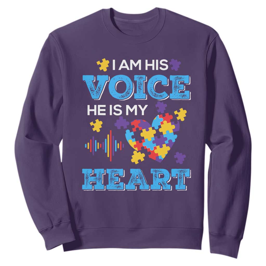 Autism Parents Sweatshirt I Am His Voice He Is My Heart Puzzle Heart TS01 Purple Printyourwear