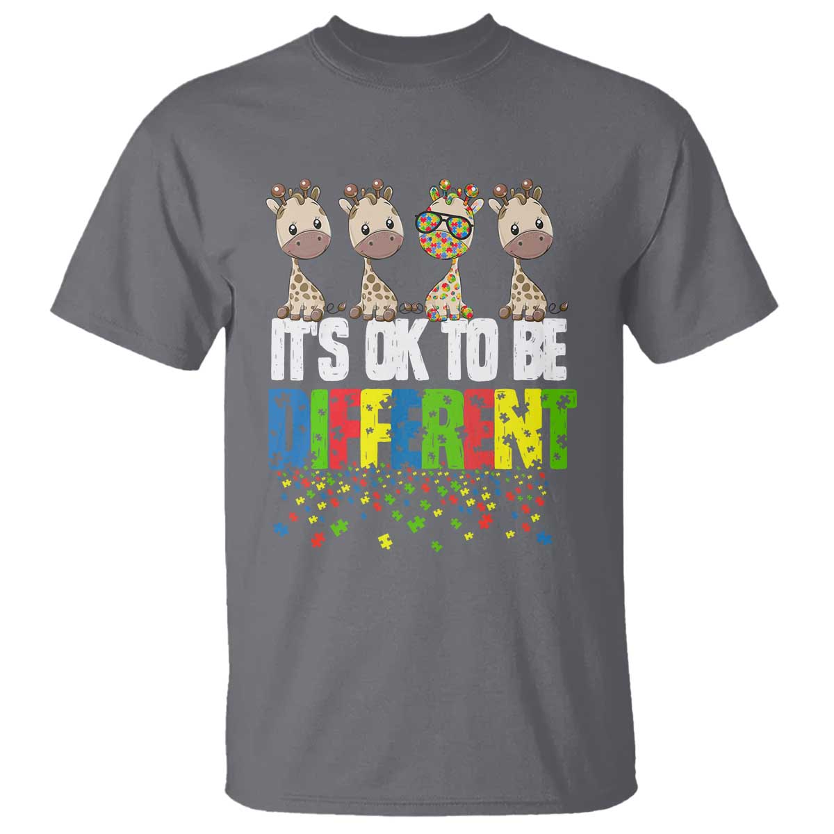 Giraffe Autism T Shirt It's Ok To Be Different Jigsaw Puzzle TS01 Charcoal Printyourwear