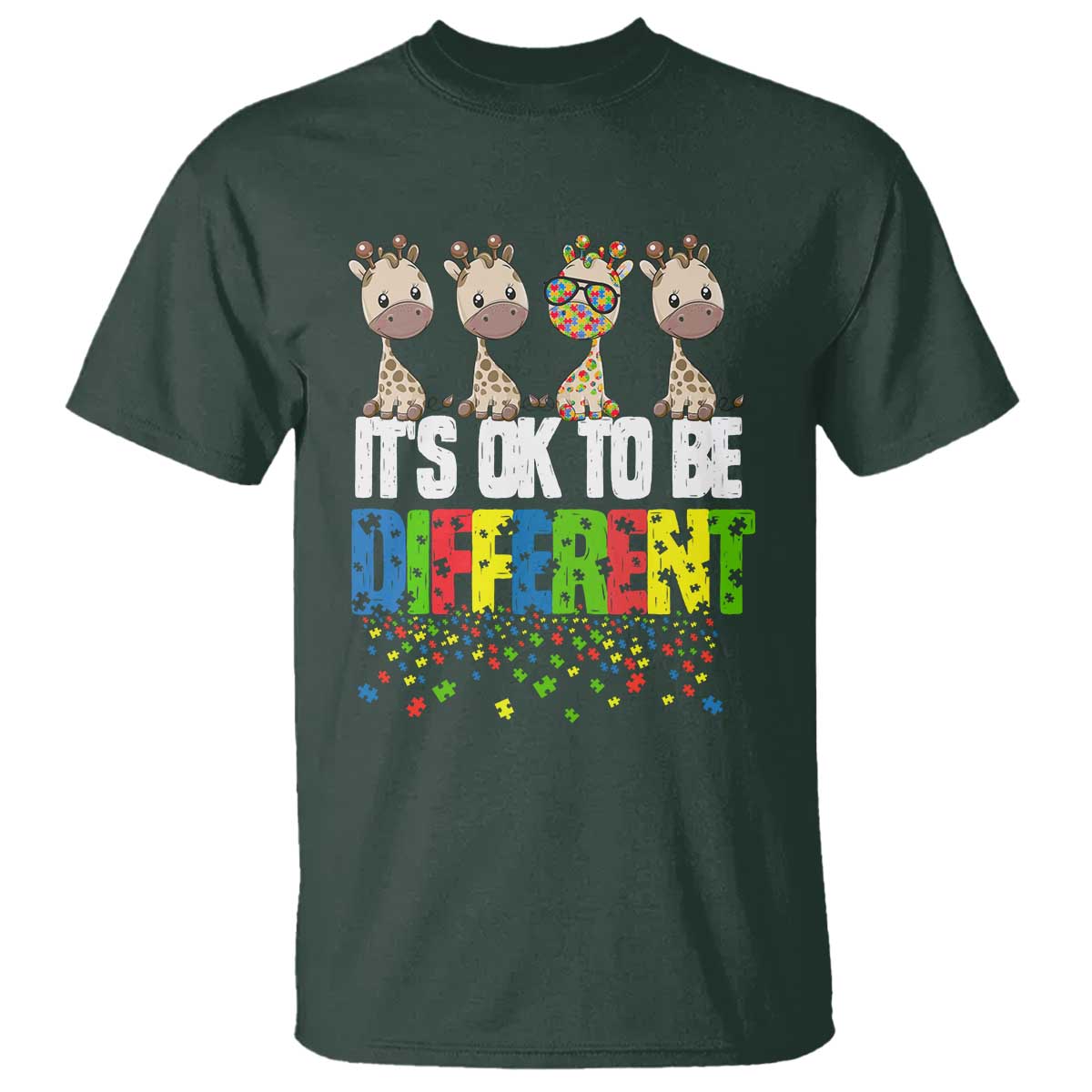Giraffe Autism T Shirt It's Ok To Be Different Jigsaw Puzzle TS01 Dark Forest Green Printyourwear