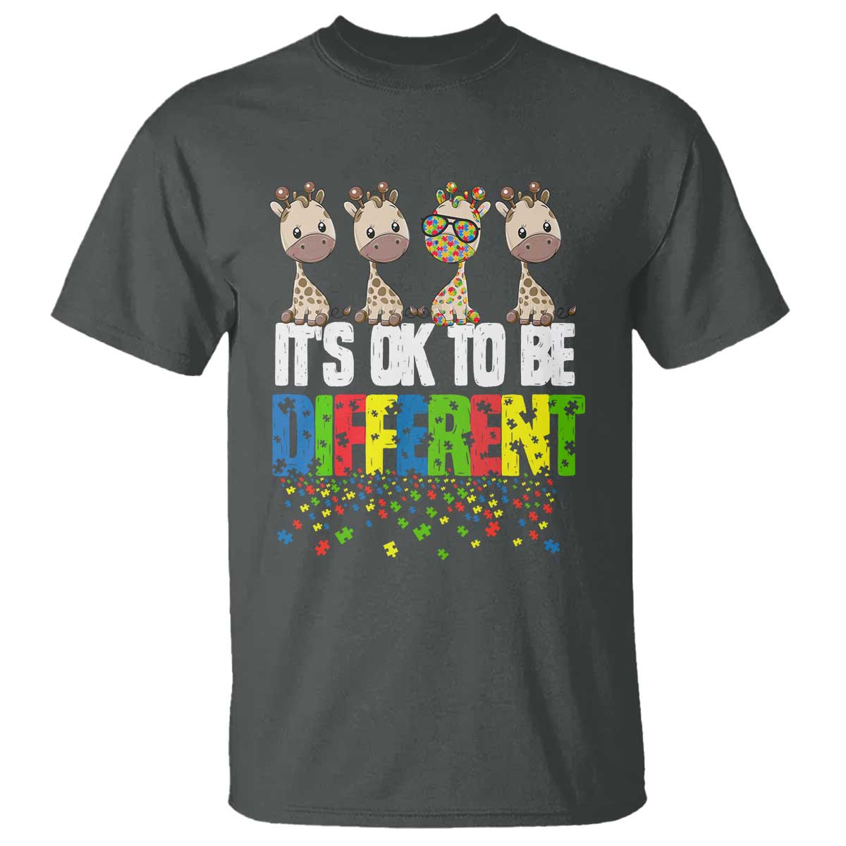Giraffe Autism T Shirt It's Ok To Be Different Jigsaw Puzzle TS01 Dark Heather Printyourwear