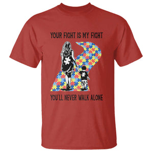 Autism Mom T Shirt Your Fight Is My Fight Never Walk Alone Mother And Son TS01 Red Printyourwear