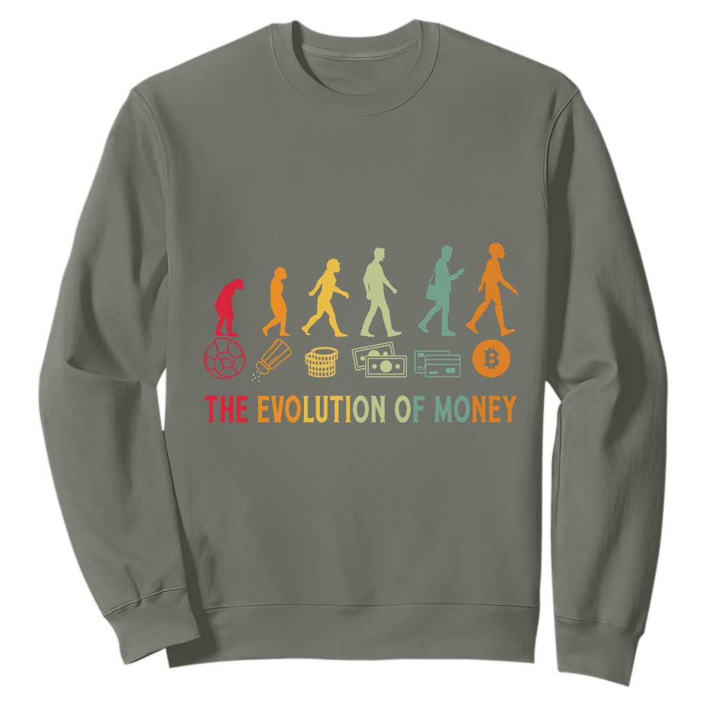 Funny Crypto Investing Sweatshirt The Evolution Of Money Bitcoin BTC Cryptocurrency TS02 Military Green Print Your Wear