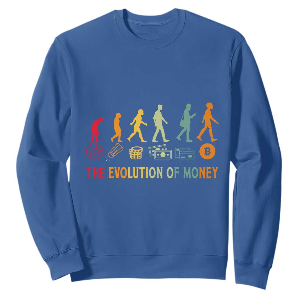Funny Crypto Investing Sweatshirt The Evolution Of Money Bitcoin BTC Cryptocurrency TS02 Royal Blue Print Your Wear