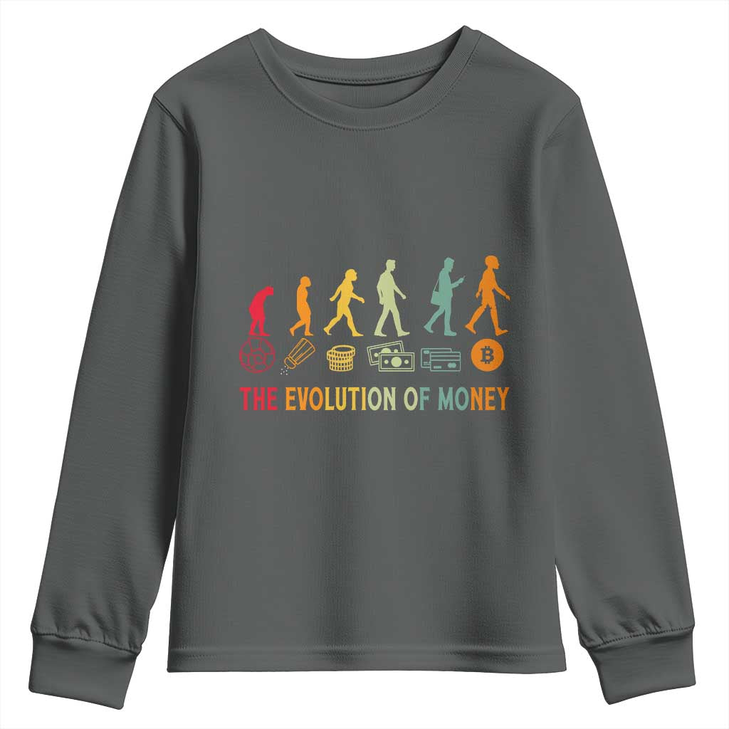 Funny Crypto Investing Youth Sweatshirt The Evolution Of Money Bitcoin BTC Cryptocurrency TS02 Dark Heather Print Your Wear
