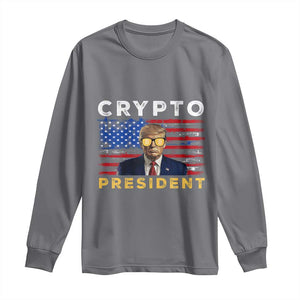 Trump Crypto Long Sleeve Shirt Trump Crypto President Funny MAGA Bitcoin American Flag TS02 Charcoal Print Your Wear