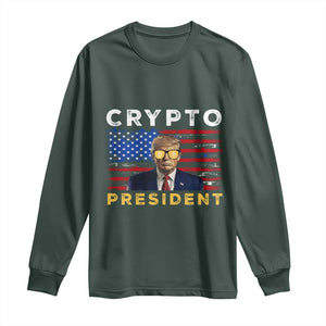 Trump Crypto Long Sleeve Shirt Trump Crypto President Funny MAGA Bitcoin American Flag TS02 Dark Forest Green Print Your Wear