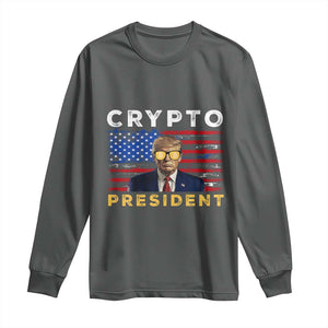 Trump Crypto Long Sleeve Shirt Trump Crypto President Funny MAGA Bitcoin American Flag TS02 Dark Heather Print Your Wear