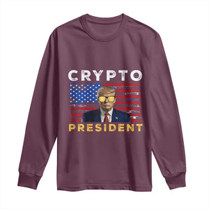 Trump Crypto Long Sleeve Shirt Trump Crypto President Funny MAGA Bitcoin American Flag TS02 Maroon Print Your Wear