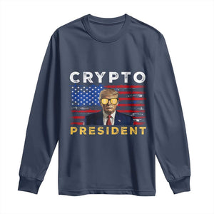 Trump Crypto Long Sleeve Shirt Trump Crypto President Funny MAGA Bitcoin American Flag TS02 Navy Print Your Wear