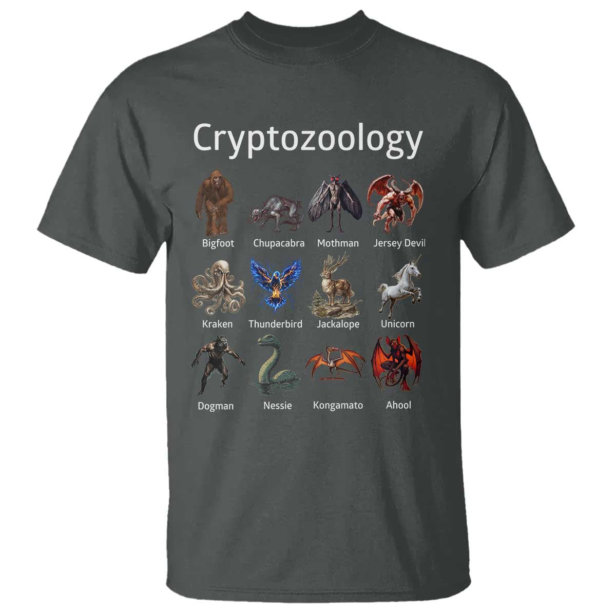 Cryptid Creatures T Shirt Cryptozoology Fantasy Mythical Monsters TS02 Dark Heather Print Your Wear