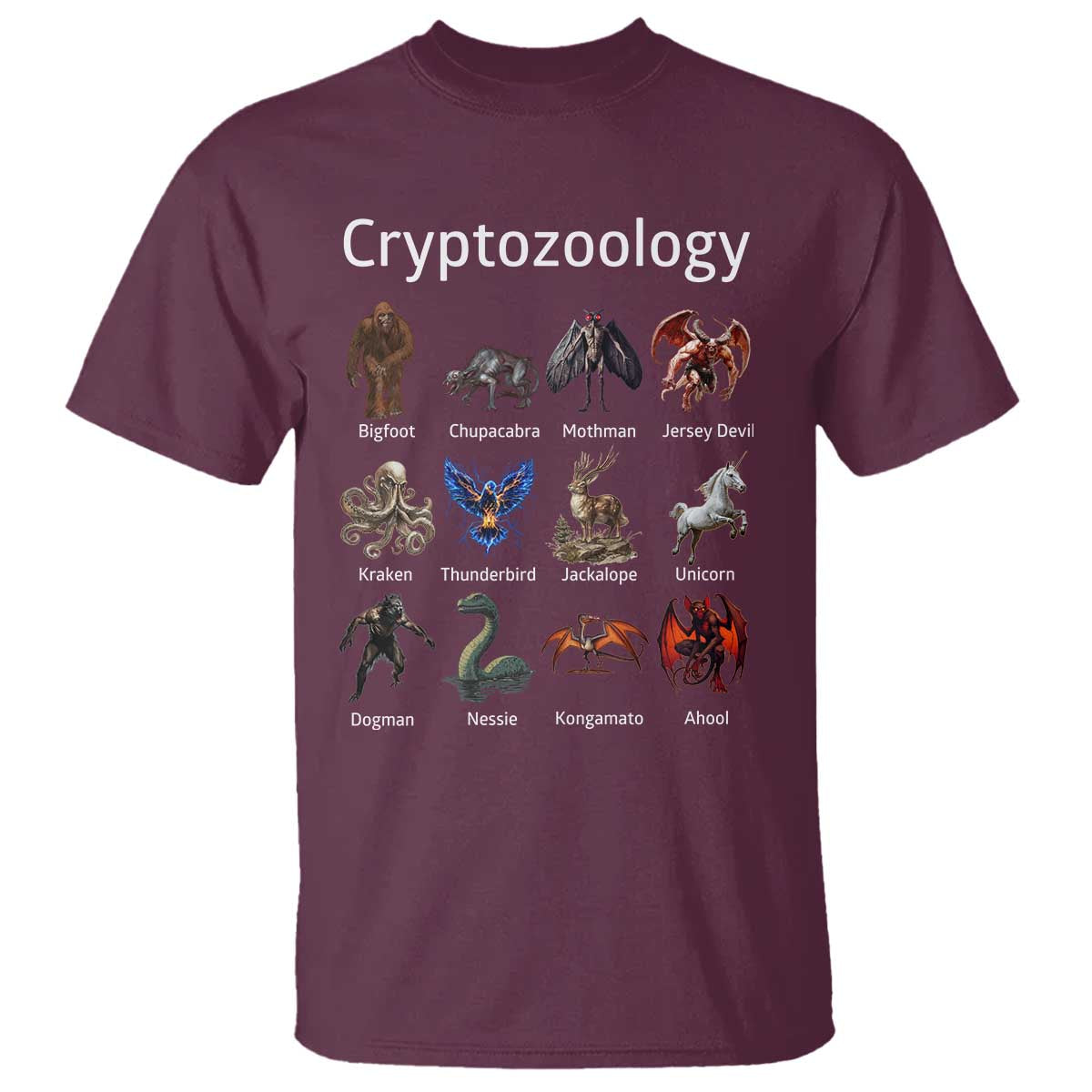 Cryptid Creatures T Shirt Cryptozoology Fantasy Mythical Monsters TS02 Maroon Print Your Wear