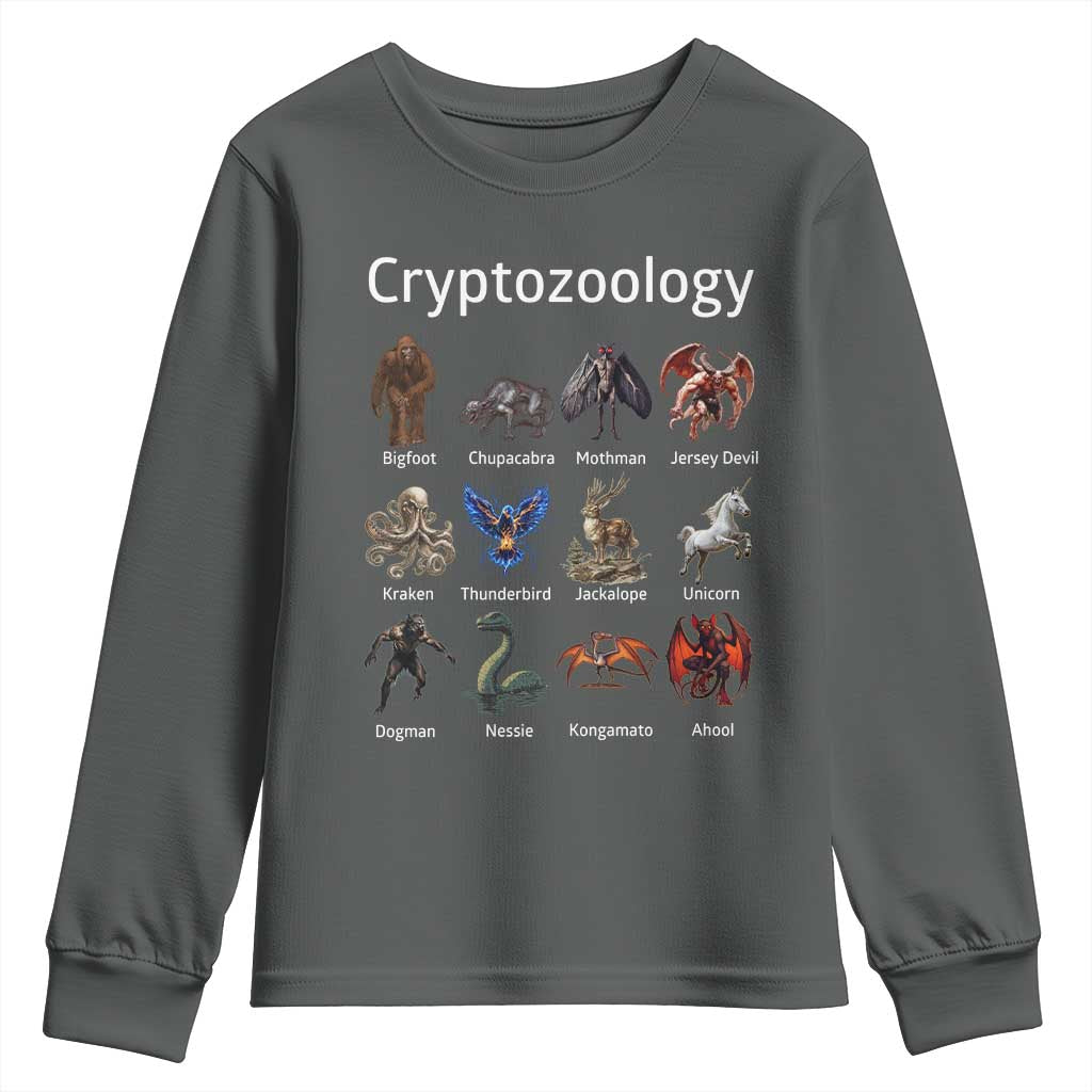 Cryptid Creatures Youth Sweatshirt Cryptozoology Fantasy Mythical Monsters TS02 Dark Heather Print Your Wear