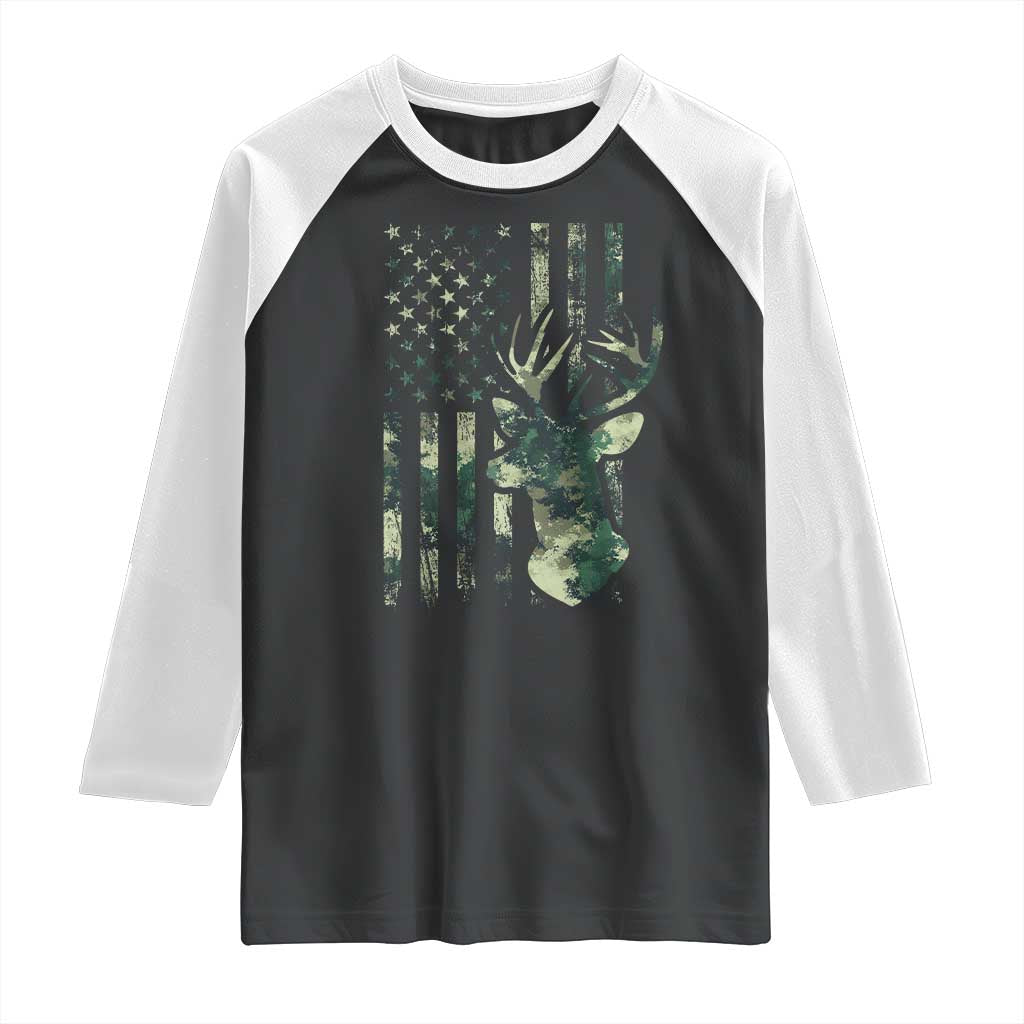 Deer Hunting Camouflage Raglan Shirt Camo US Flag TS02 Black White Print Your Wear