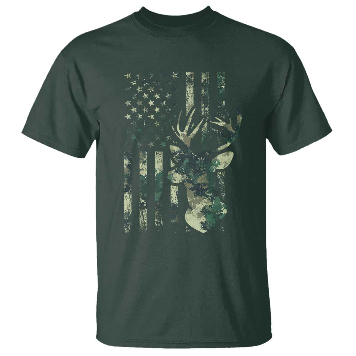 Deer Hunting Camouflage T Shirt Camo US Flag TS02 Dark Forest Green Print Your Wear