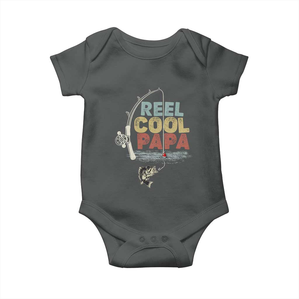 Fishing Dad Baby Onesie Reel Cool Papa Retro Vintage TS02 Dark Heather Print Your Wear