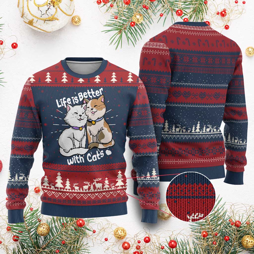 Cat Lover Knit Sweatshirt Life Is Better With Cats Cute TS02 Burgundy Print Your Wear