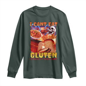 Funny Gluten Intolerance Long Sleeve Shirt I Can't Eat Gluten It Makes My Tummy Hurt Skeleton Meme TS02 Dark Forest Green Print Your Wear