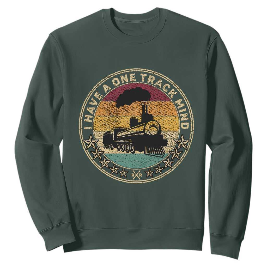 Funny I Have A One Track Mind Sweatshirt Train Railroad Retro Engine Model TS02 Dark Forest Green Print Your Wear