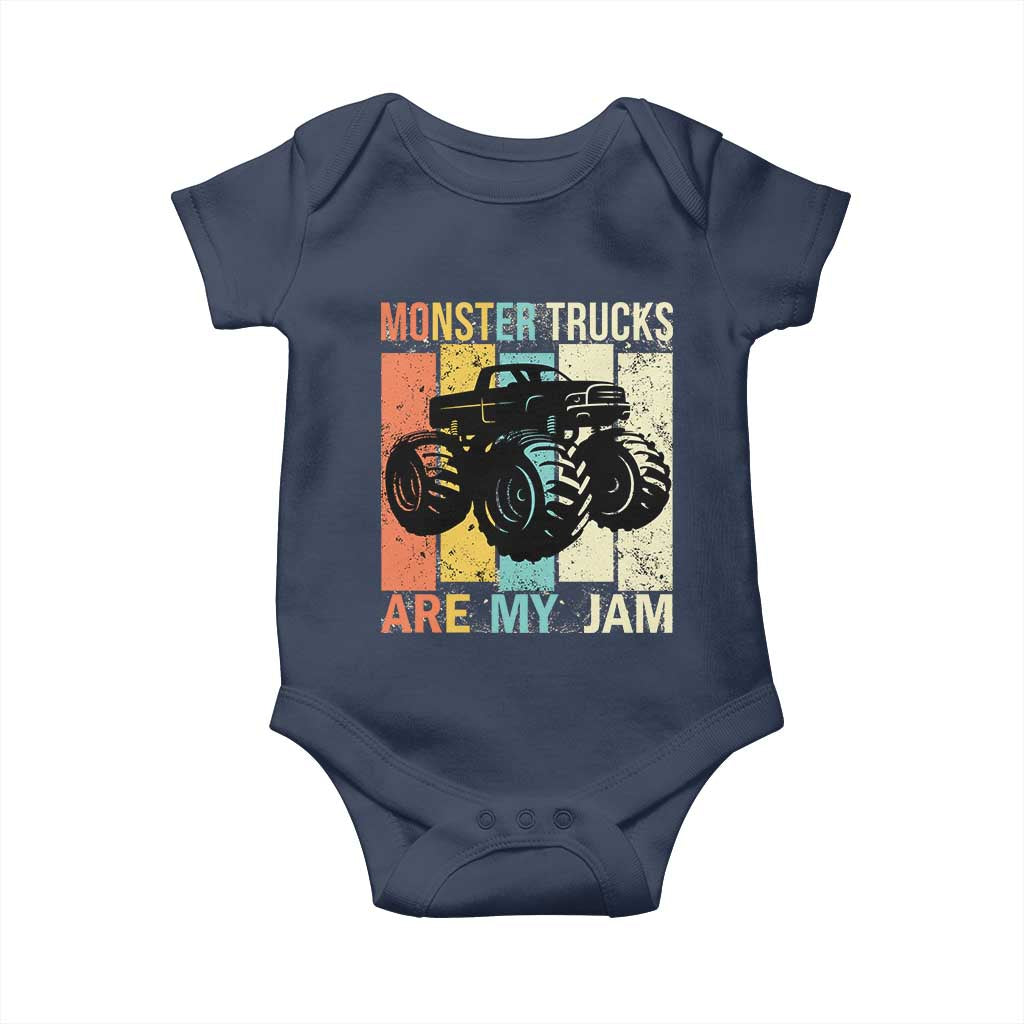 Monster Trucks Are My Jam Baby Onesie Vintage Retro TS02 Navy Print Your Wear