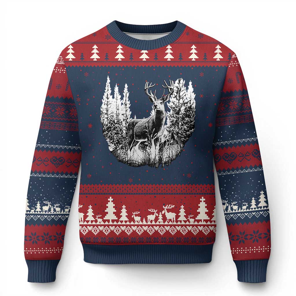Deer Hunting Ugly Christmas Sweater Deer Forest Nature Lover Stag Hunter TS02 Navy Red Print Your Wear