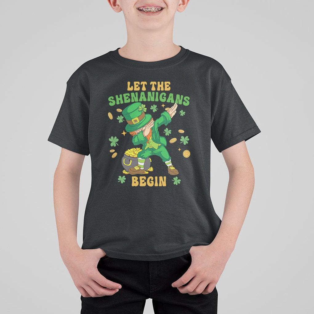 Funny St. Patricks Day T Shirt For Kid Let The Shenanigans Begin Dabbing Leprechaun TS02 Black Printyourwear