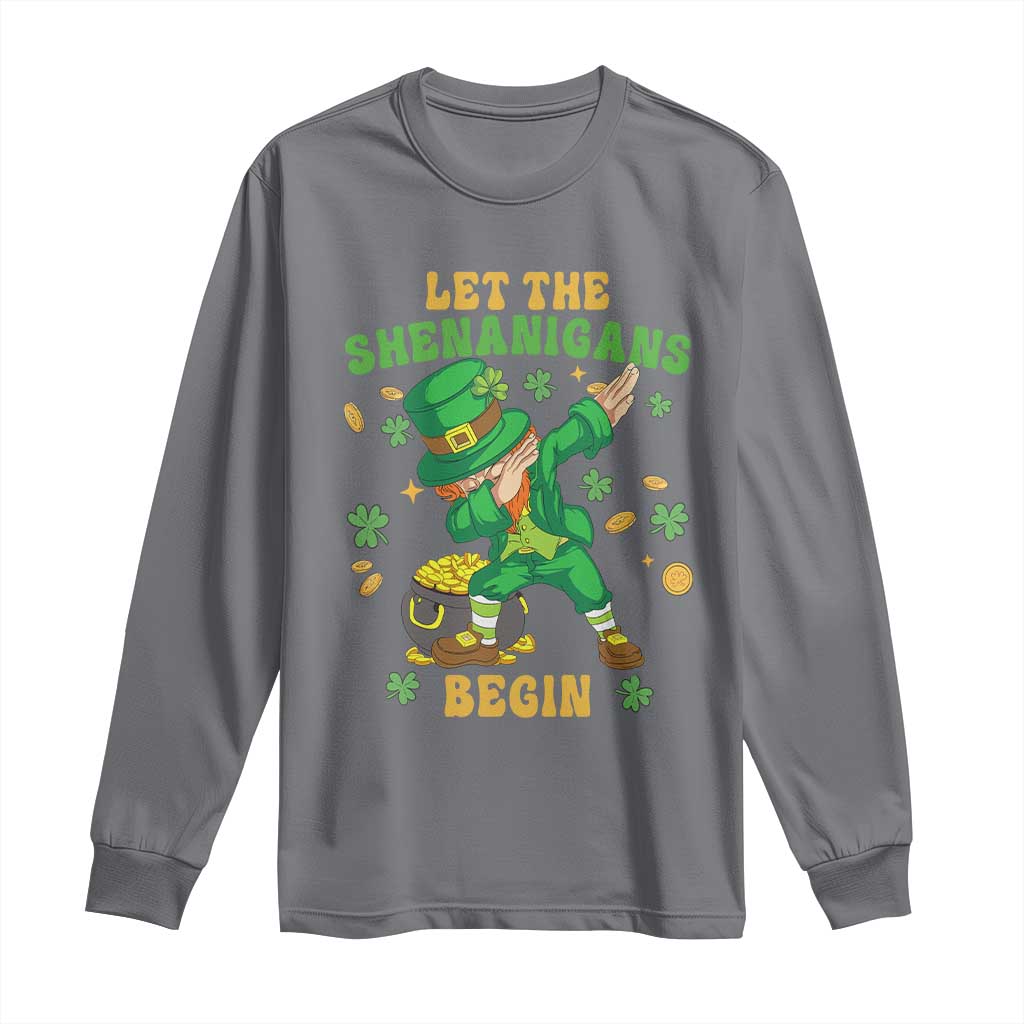 Funny St Patricks Day Long Sleeve Shirt Let The Shenanigans Begin Dabbing Leprechaun TS02 Charcoal Print Your Wear