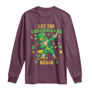 Funny St Patricks Day Long Sleeve Shirt Let The Shenanigans Begin Dabbing Leprechaun TS02 Maroon Print Your Wear