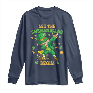 Funny St Patricks Day Long Sleeve Shirt Let The Shenanigans Begin Dabbing Leprechaun TS02 Navy Print Your Wear