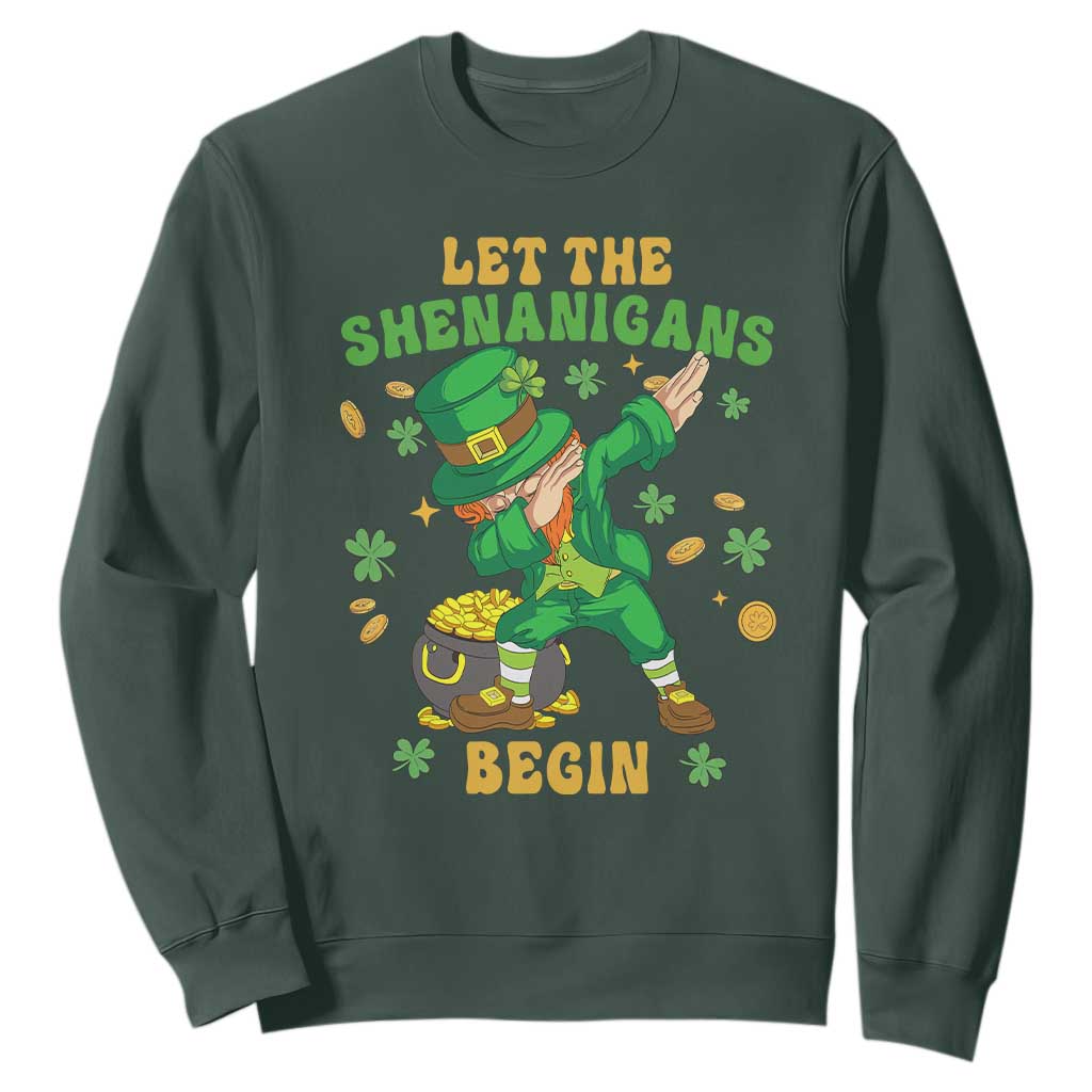 Funny St. Patricks Day Sweatshirt Let The Shenanigans Begin Dabbing Leprechaun TS02 Dark Forest Green Printyourwear